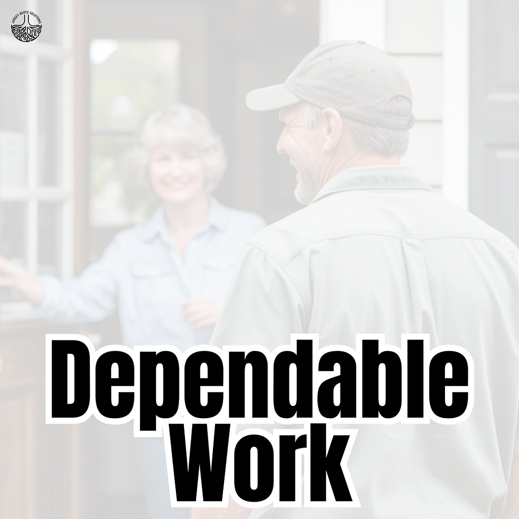 'Dependable Work' overlaid on a landscaped yard with fresh mulch and trimmed hedges, representing Jersey Roots Solutions' quality service.
